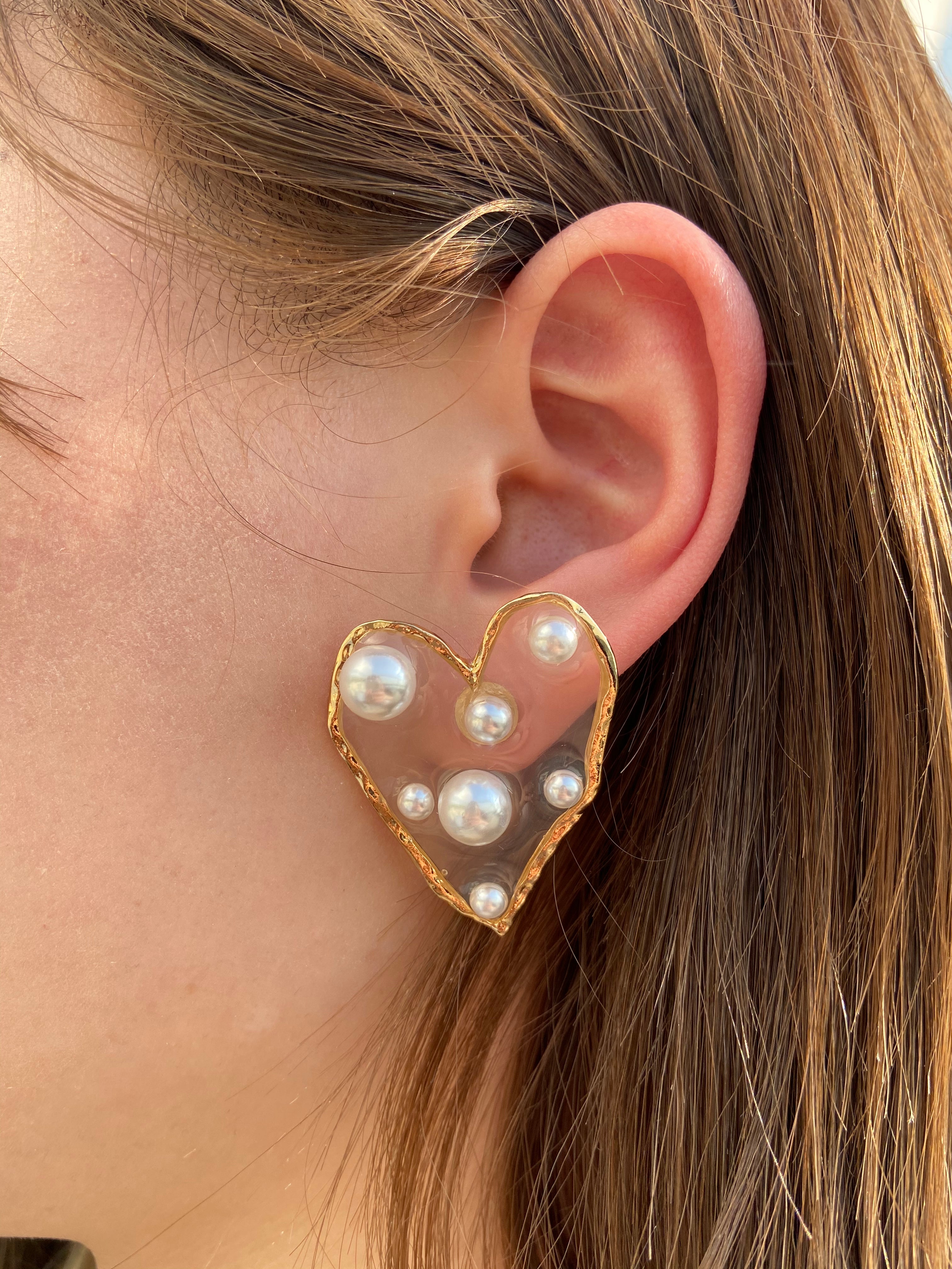 Gold Heart Pearl Resin Earrings