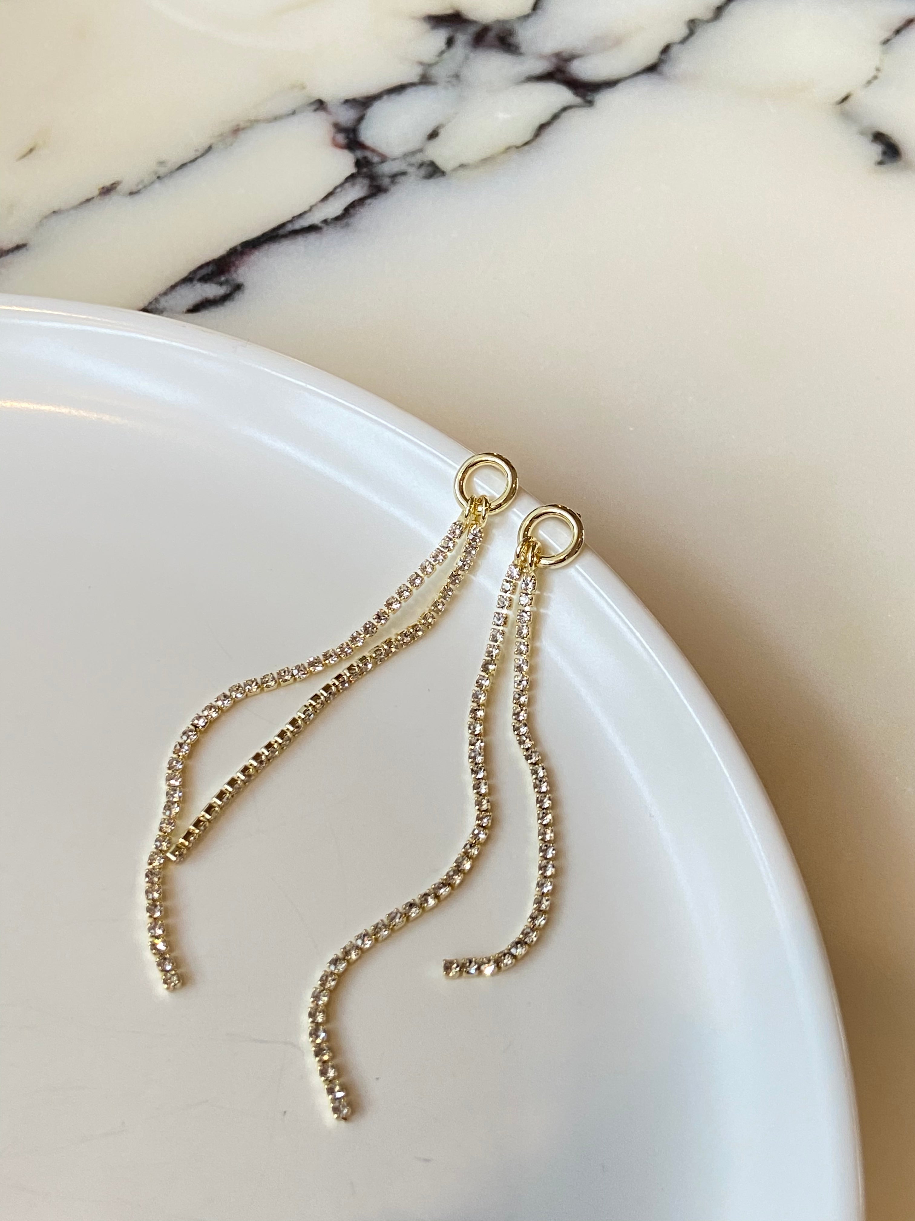 Vintage Gold Rhinestone Tassel Hoop Earrings